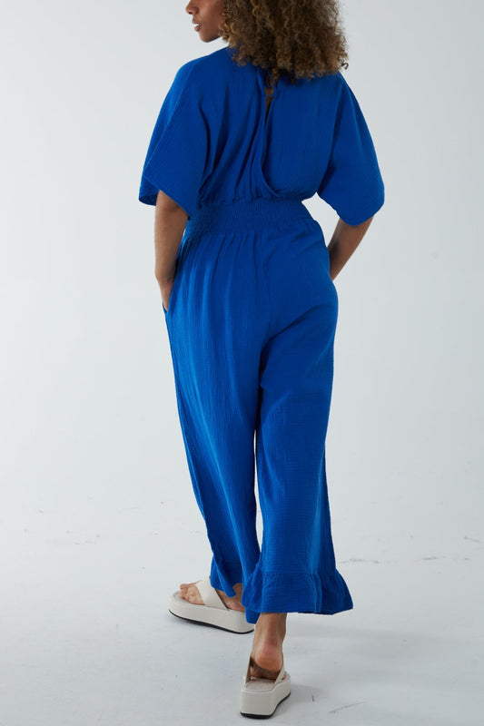 Double V-Neck Frilled Jumpsuit