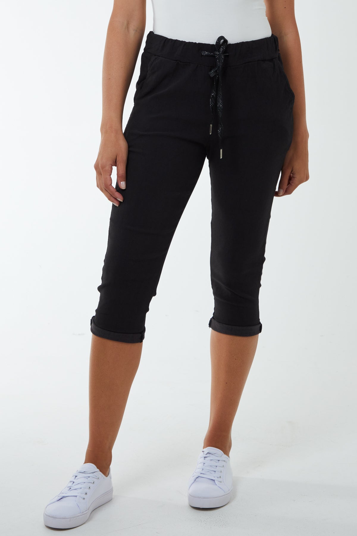 Glitter Drawstring Pocket Capri Trousers Trousers WearAll Black One Size