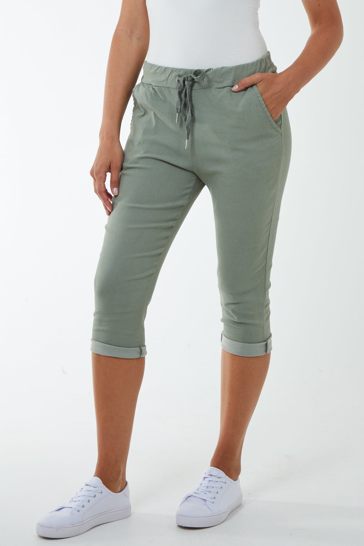 Glitter Drawstring Pocket Capri Trousers Trousers WearAll Khaki One Size
